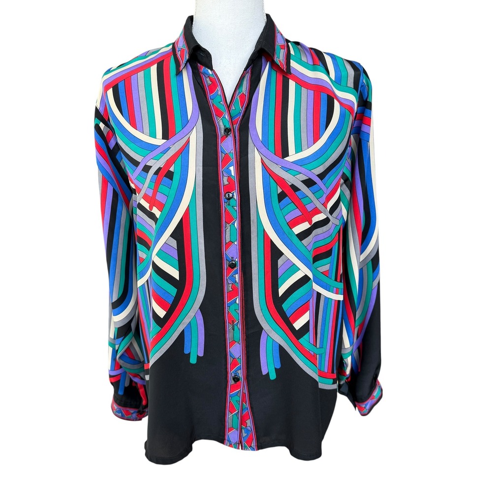 Yoo Jung Vintage‎ Abstract Geometric Stripe Button Down Blouse Black Multi Color